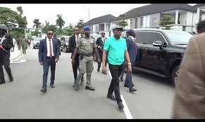 Governor Fubara in light green T-Shirt and cap at the Rivers State House of Assembly quarters in Port Harcourt on Thursday