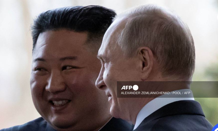 Russian President Vladimir Putin welcomes North Korean leader Kim Jong Un prior to their talks at the Far Eastern Federal University campus on Russky island in the far-eastern Russian port of Vladivostok on April 25, 2019. (CREDIT: AFP)